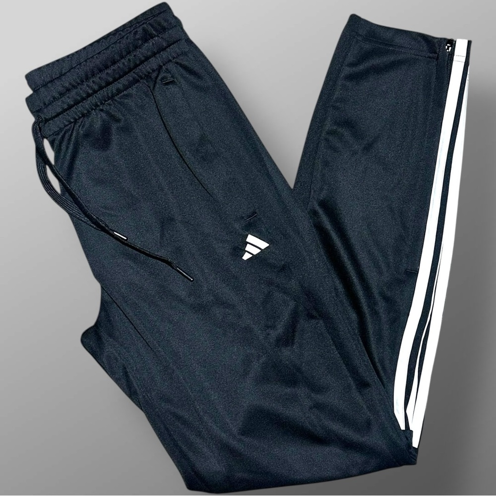adidas Black Track Pants White Stripes Sz S NWT Sereno Joggers Zip Pockets logo